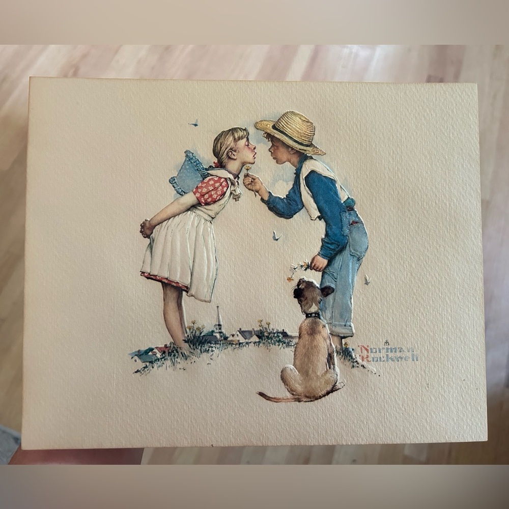 Norman Rockwell Raised Relief Print, Boy Giving Girl Kiss, 8x10